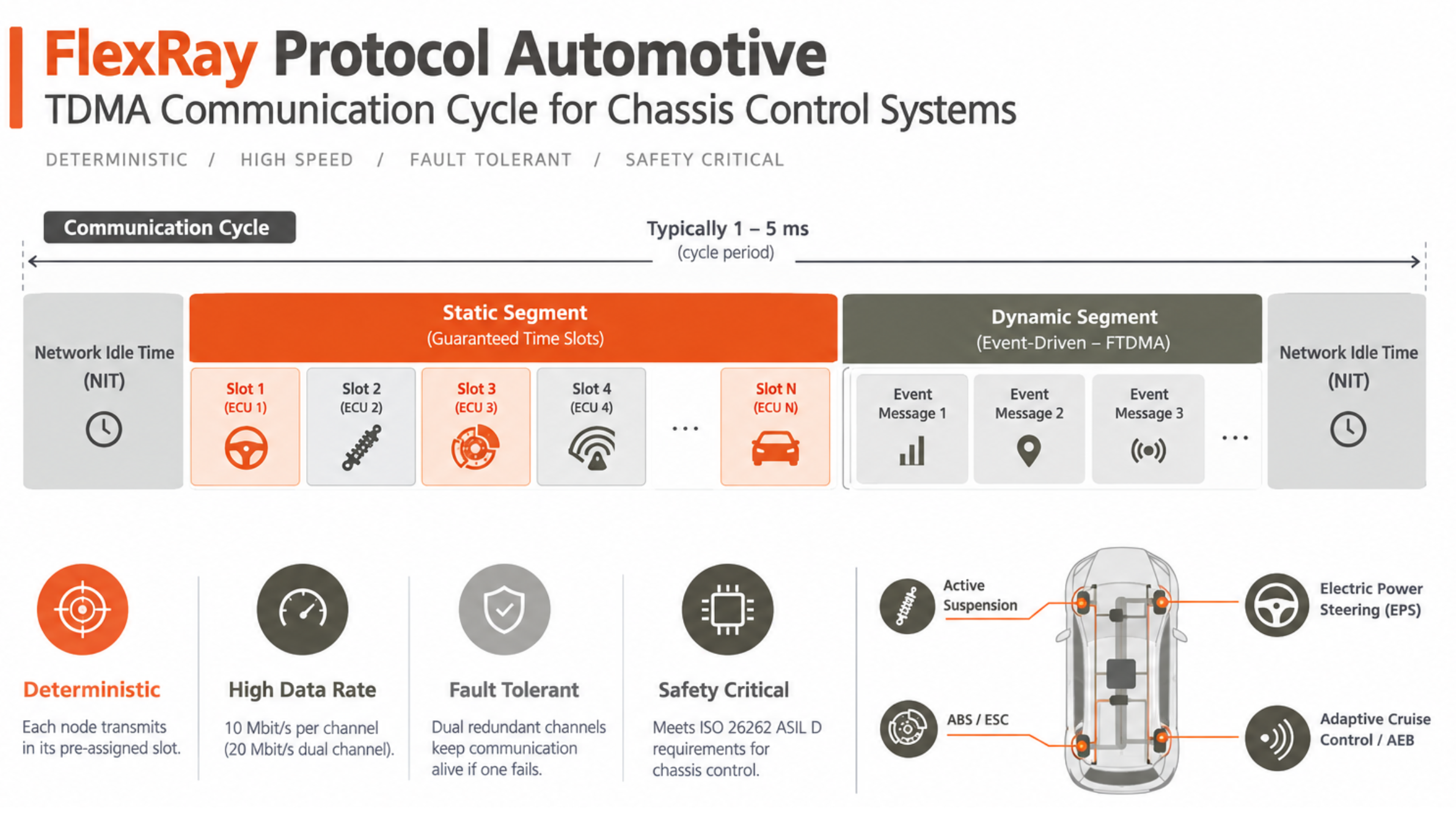 FlexRay protocol automotive TDMA communication cycle showing static and dynamic segments for chassis control systems