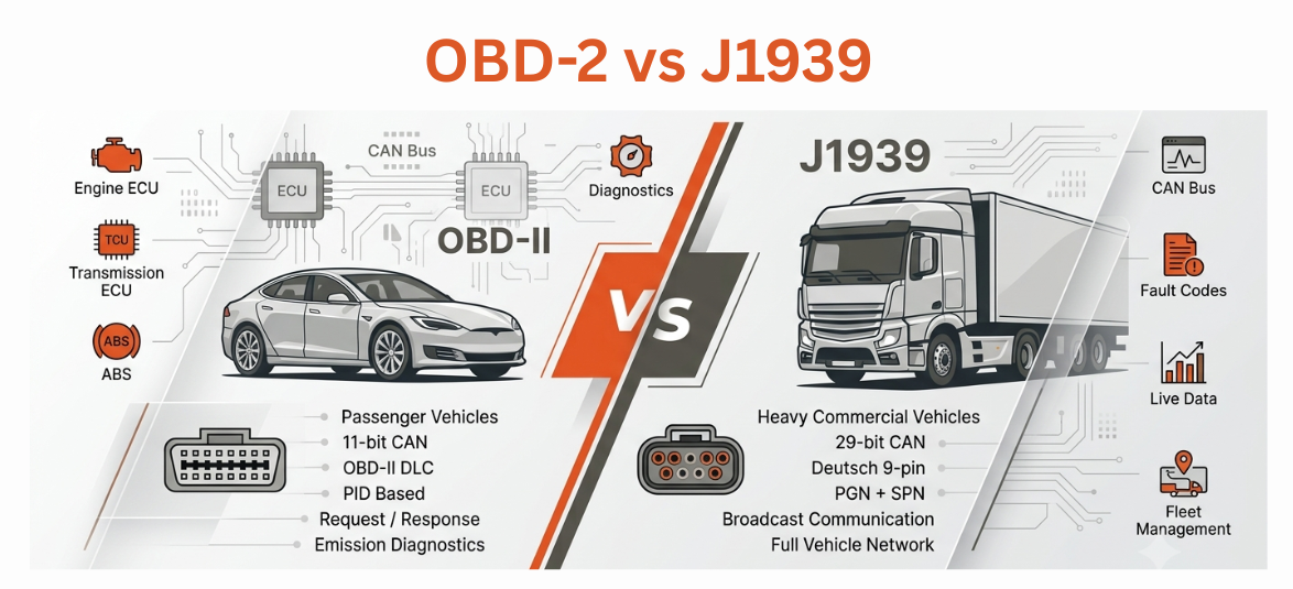 OBD-II vs J1939 automotive diagnostic protocol comparison