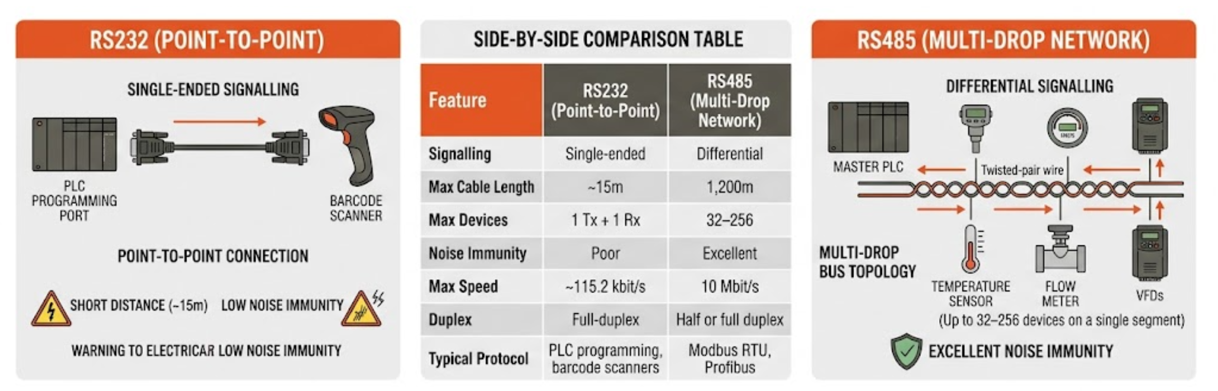 RS485 vs RS232 serial communication protocol comparison diagram